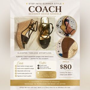 COACH Black Leather and Gold Espadrille Wedge Sandals